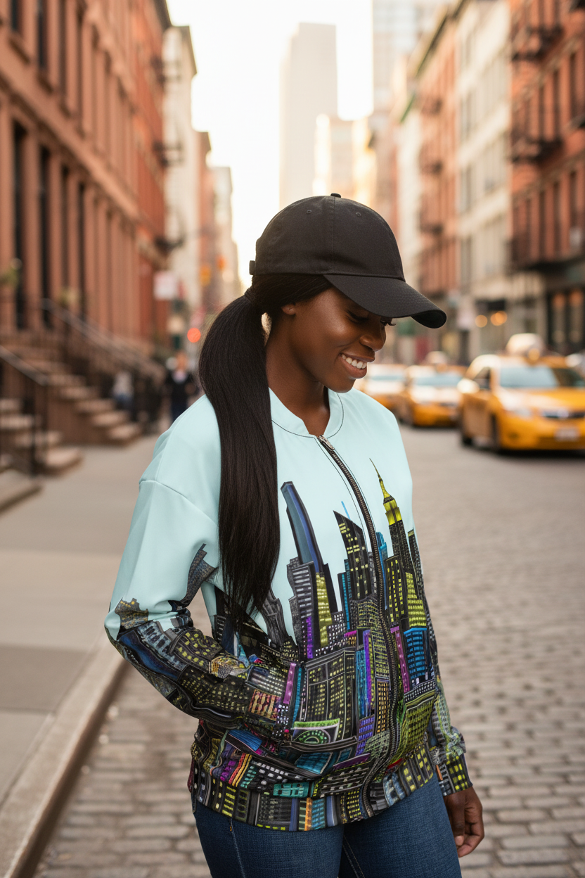 Woman in a colorful Loria NYC Art jacket with cityscape design walking on a city street.