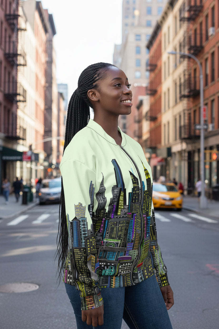 Woman wearing a light green bomber jacket with a colorful cityscape Loria NYC Art design on a white background