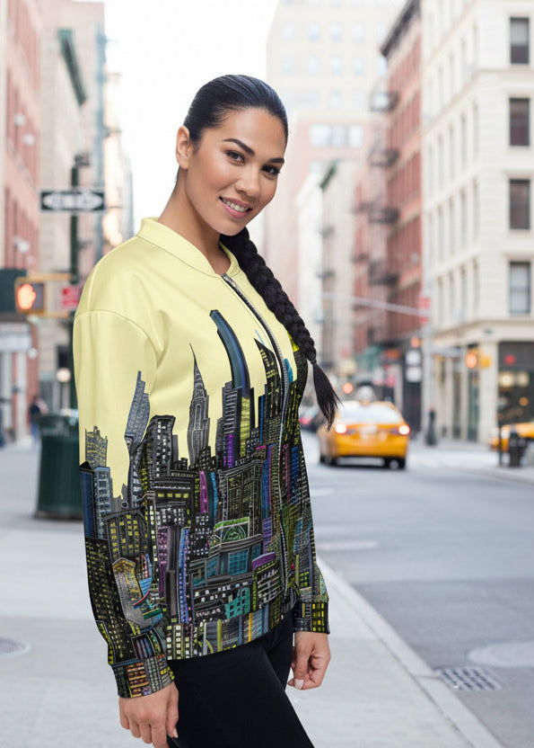 Side of Girl wearing a yellow jacket with a colorful city skyline design by Loria NYC Art