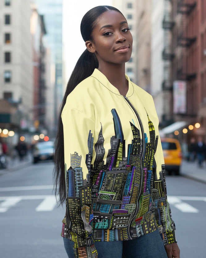 Women wearing a yellow jacket with a colorful city skyline design by Loria NYC Art