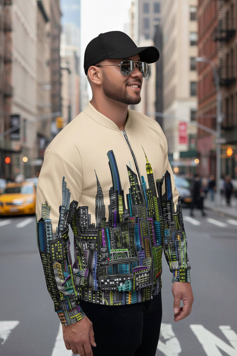 Side view of Man wearing a beige bomber jacket with cityscape Loria NYC Art design on a white background