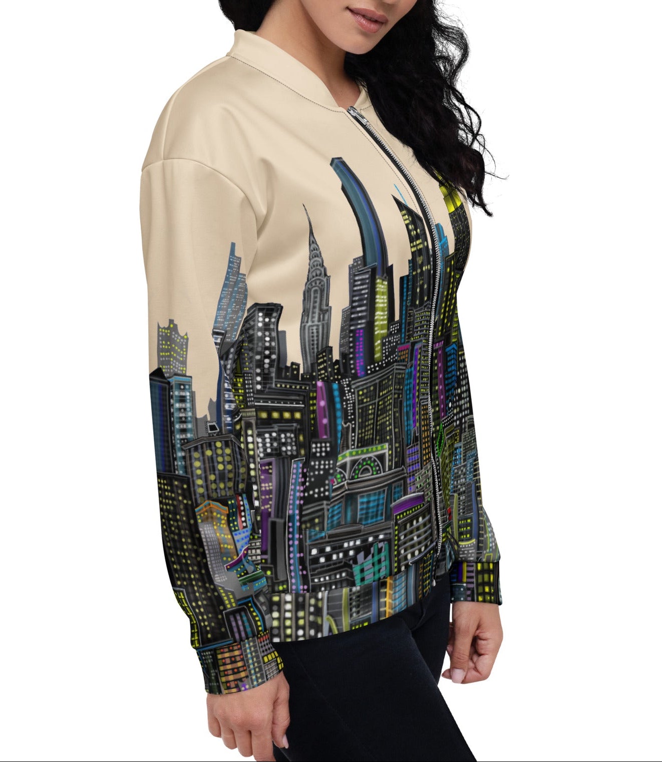 Side of Woman wearing a jacket with Loria NYC Art cityscape design on a white background