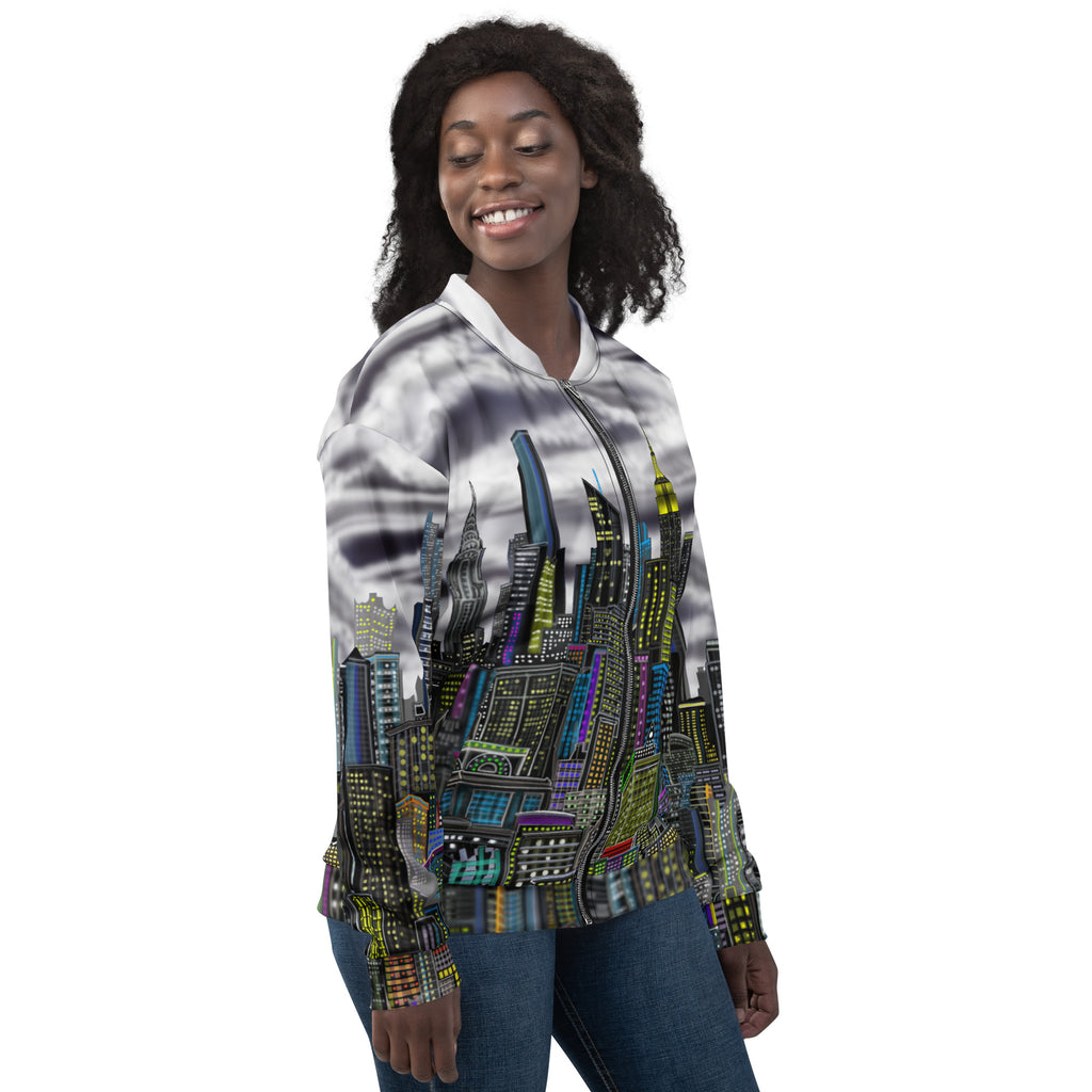 Posing lady in a cityscape stormy jacket designed by Loria NYC Art