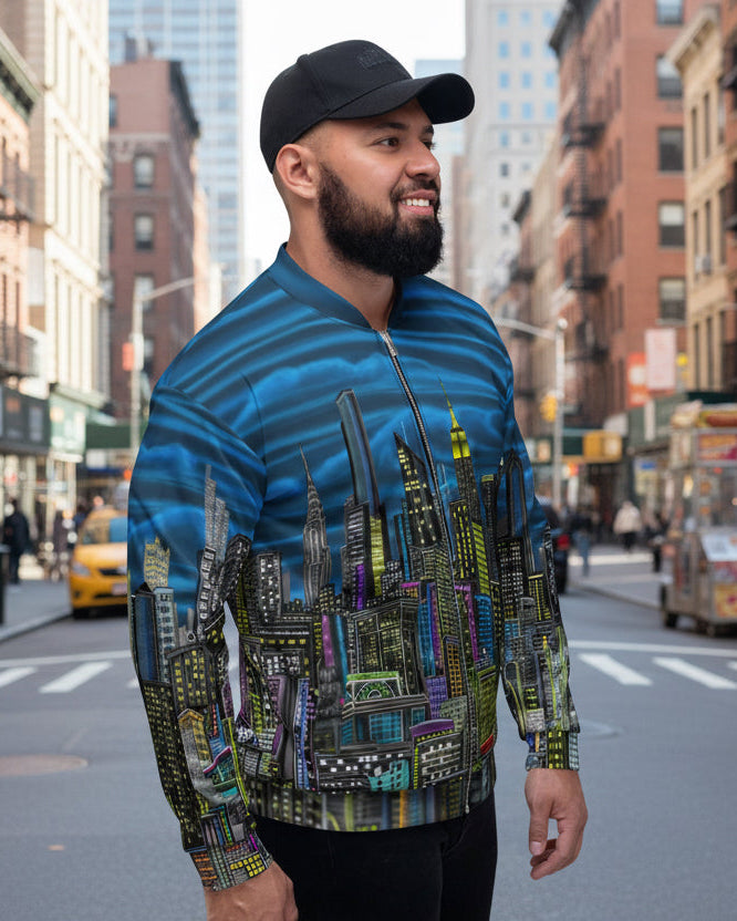 Side view of Man posing with a blue patterned jacket designed by Loria NYC Art on a urban background