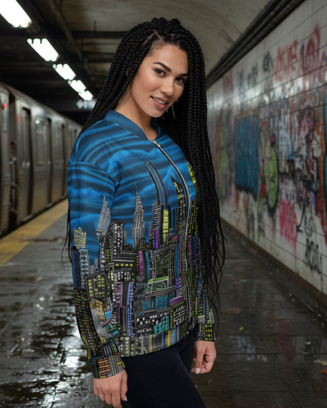 Woman wearing a blue jacket with cityscape design by Loria NYC Art on a urban background