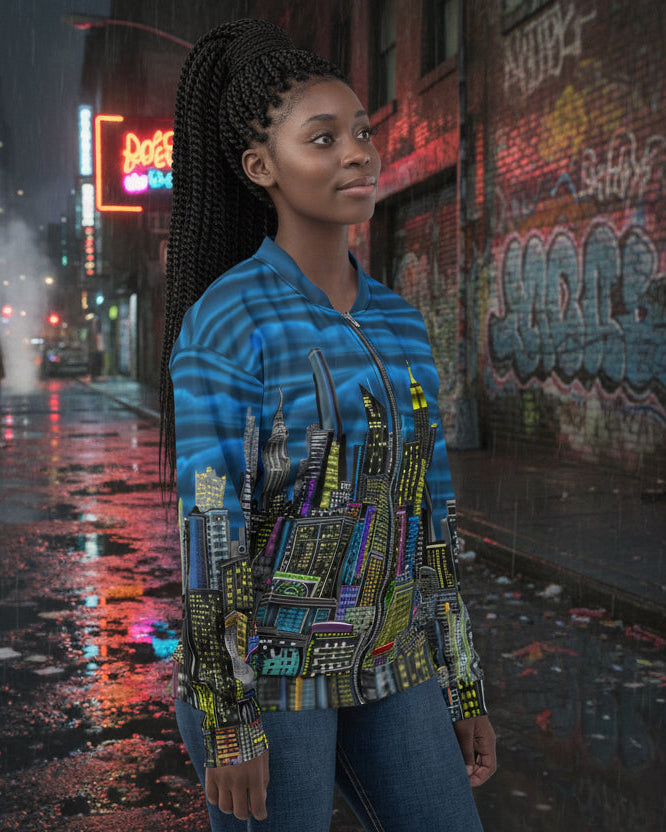 Woman wearing a blue jacket with cityscape designed by Loria NYC Art on a urban background