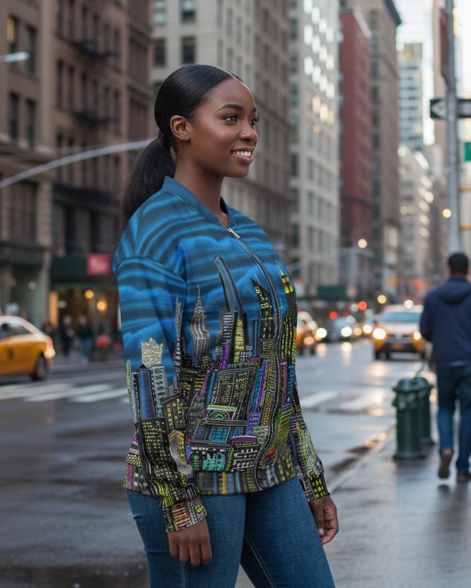 Woman in a colorful Loria NYC Art jacket standing on a city street with tall buildings and traffic in the background