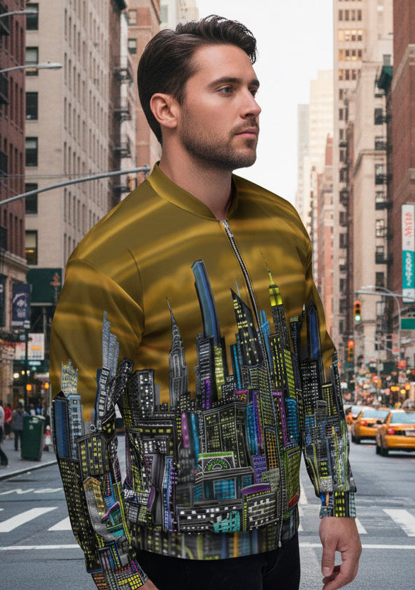 Man wearing a gold jacket with a cityscape design by Loria NYC on a urban background