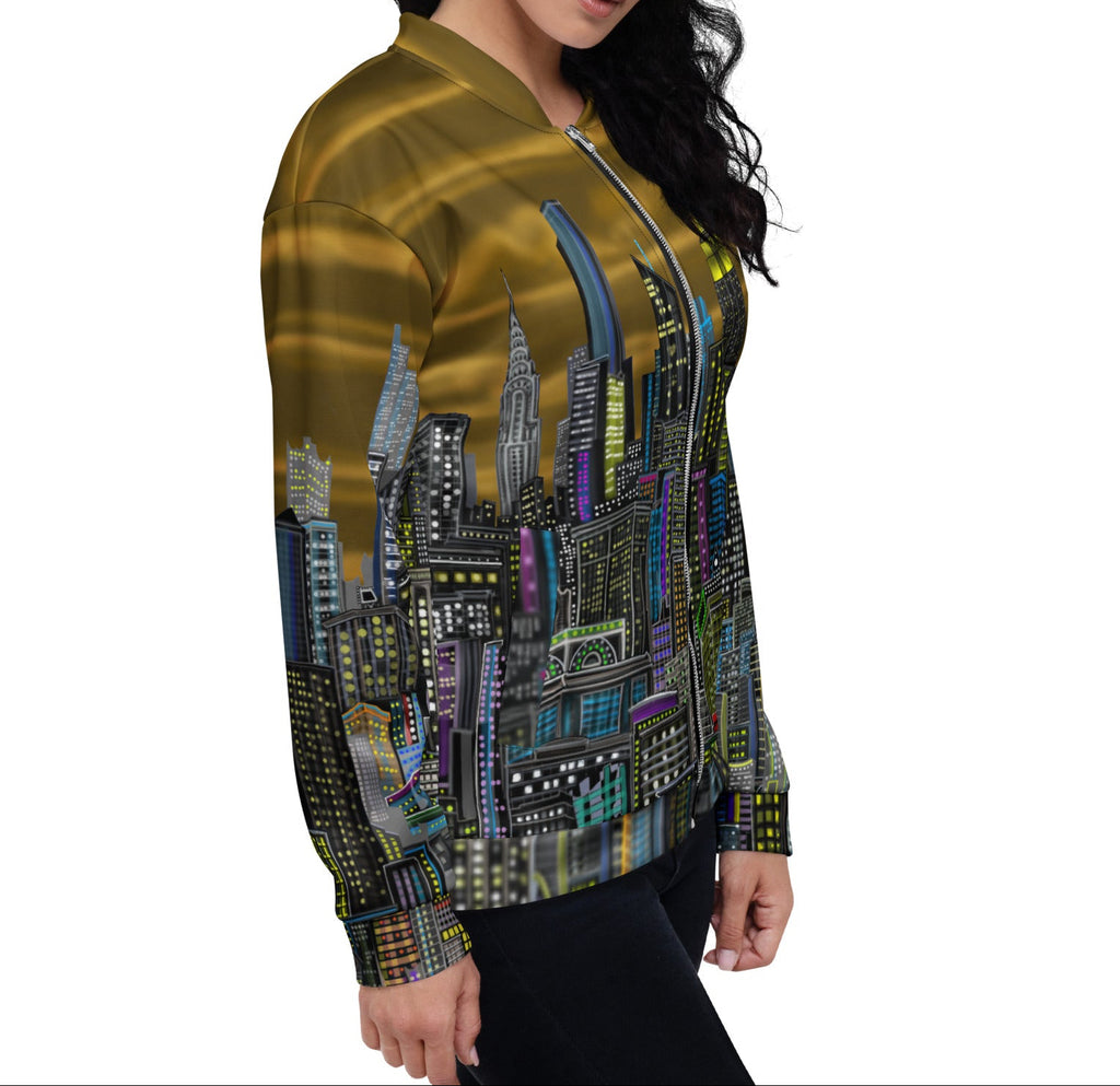 Side of Women wearing a jacket with a cityscape designed by Loria NYC Art on a white background