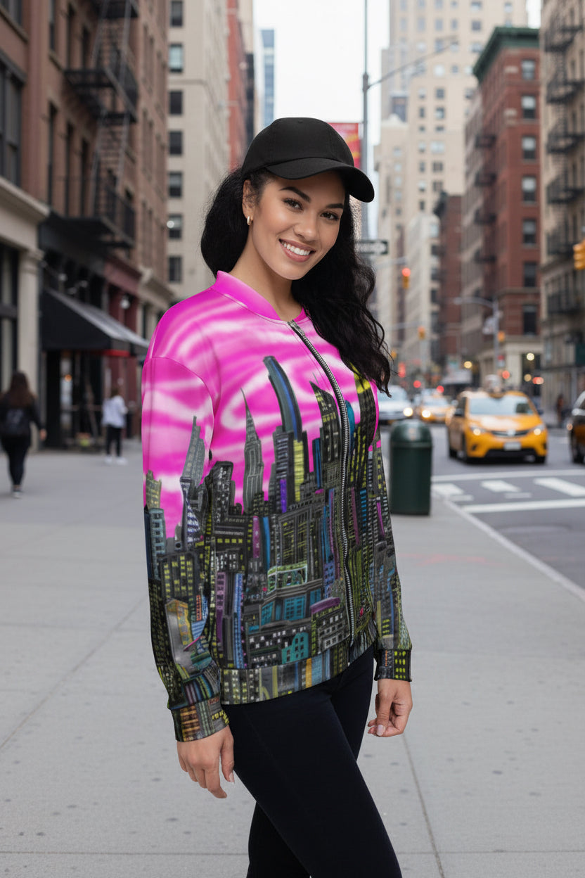 Front side of Woman wearing a colorful cityscape jacket with pink sky and tall buildings designed by Loria NYC Art