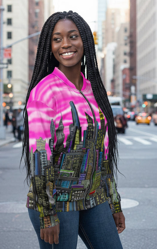 Lady modeling a colorful cityscape jacket with pink sky and tall buildings designed by Loria NYC Art