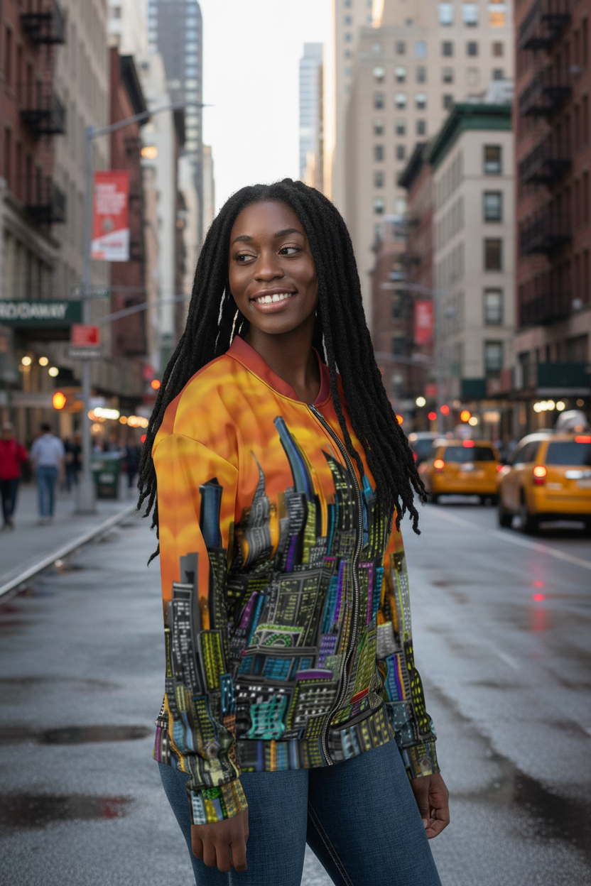 Woman wearing a Loria NYC Art colorful jacket with cityscape design on a urban background
