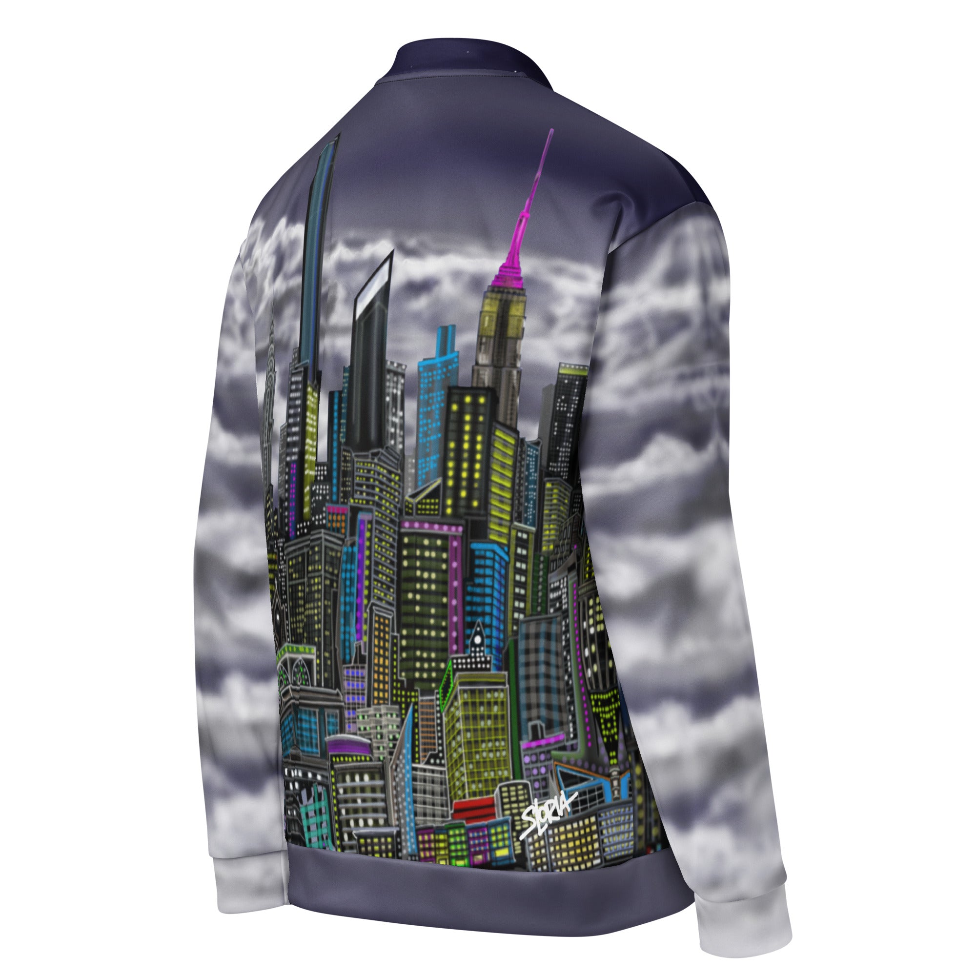 Bomber Jacket with a Bowery Notturno Navy city skyline design by S.Loria NYC Art on a white background 