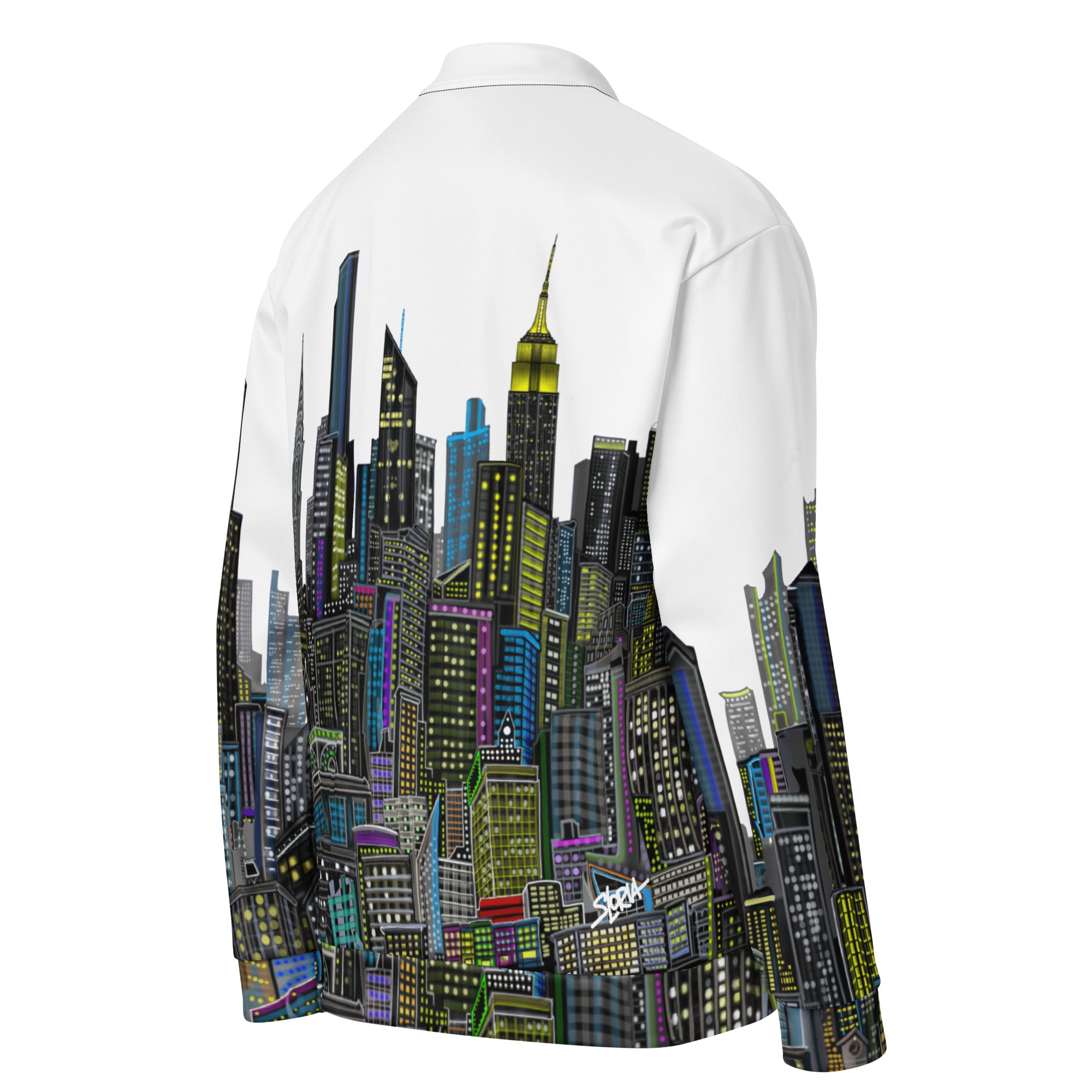 Side view of Side of White bomber jacket with a colorful cityscape designed by Loria NYC Art 