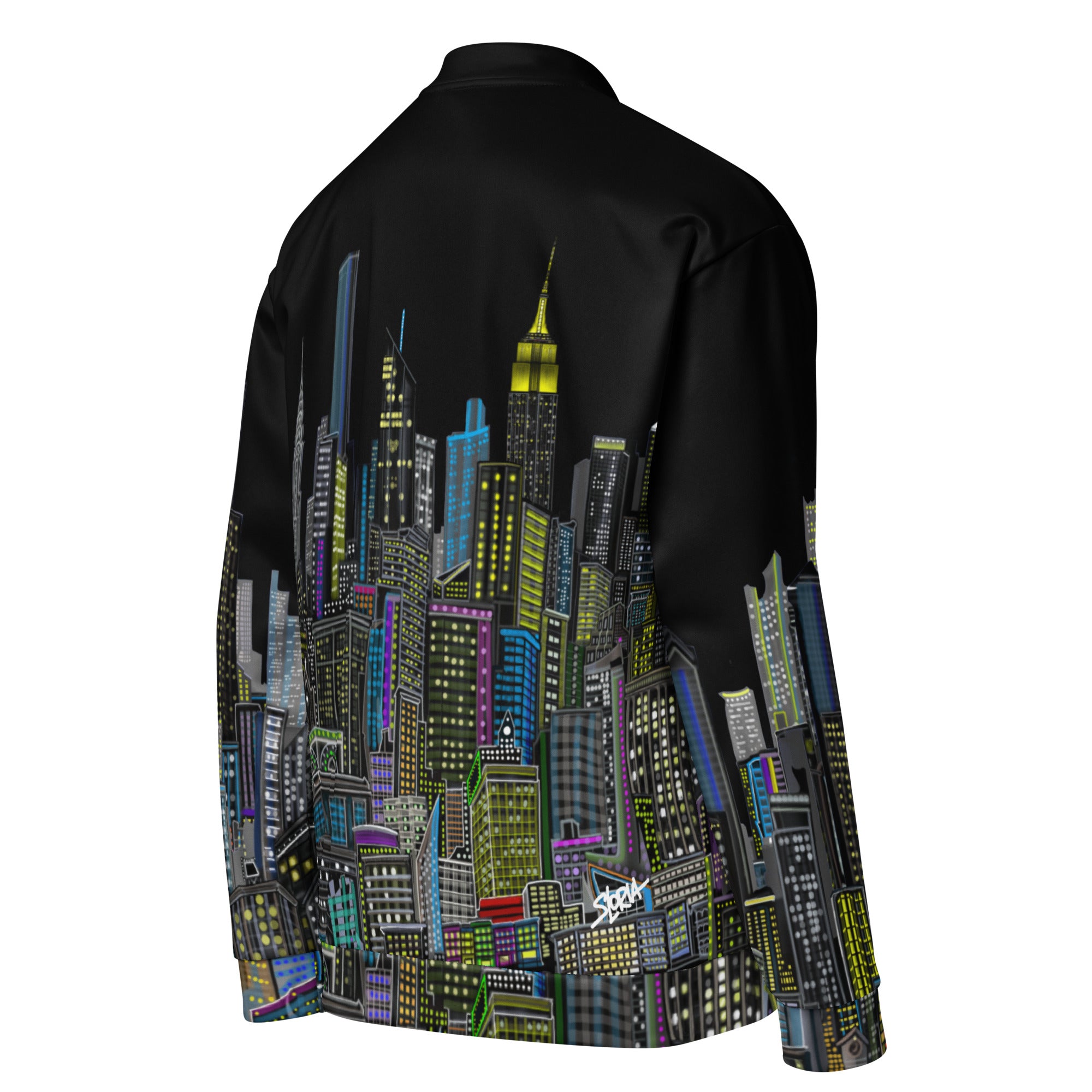 Side back Black bomber jacket with colorful cityscape design designed by Loria NYC Art on a white background