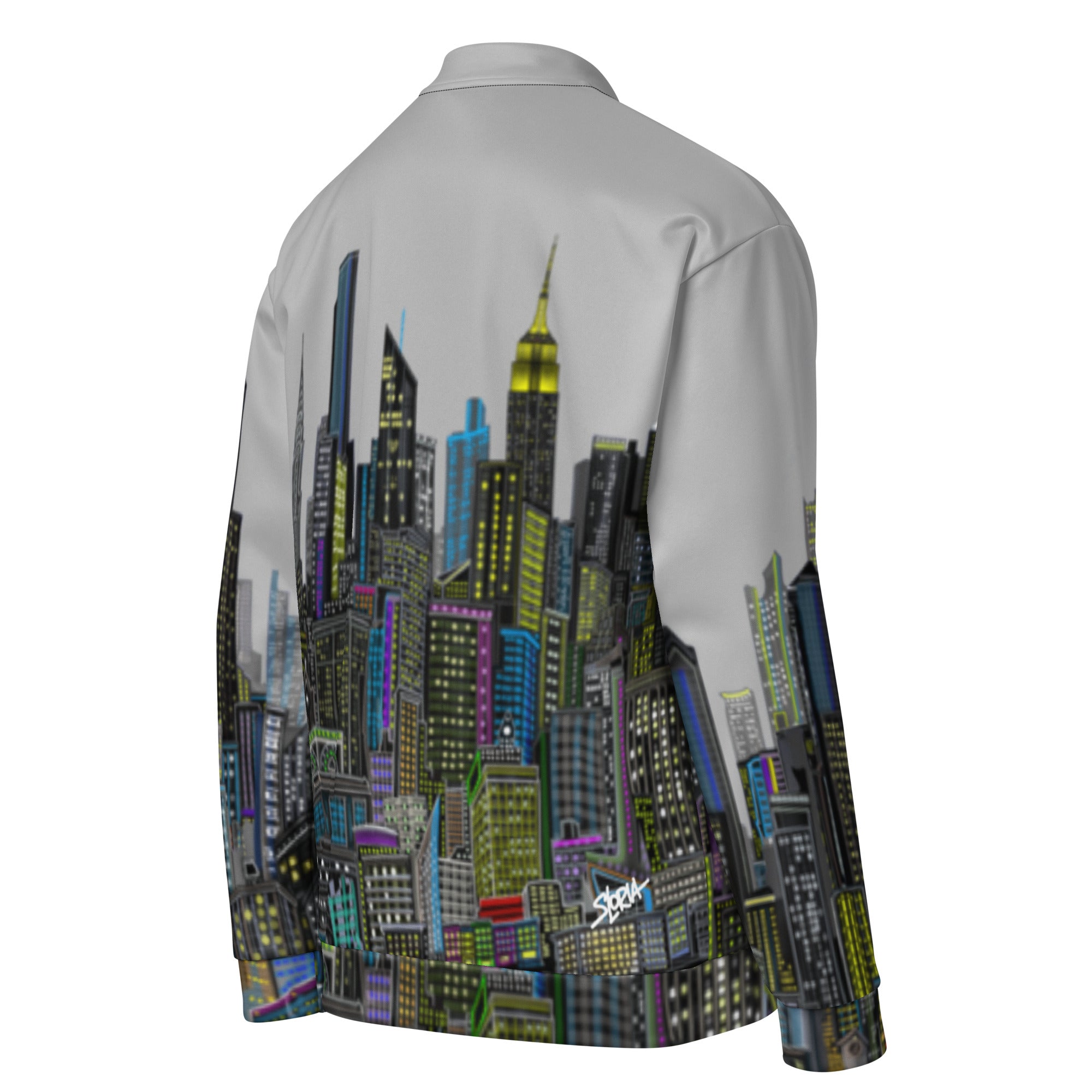 Back angle view of grey Jacket with a cityscape design by Loria NYC Art on the back against a white background