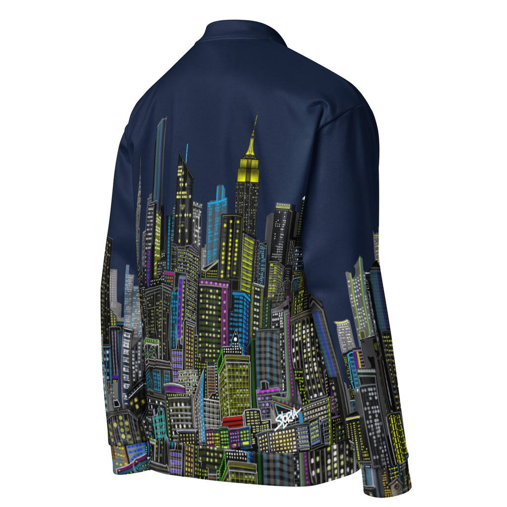 Navy blue jacket with a colorful cityscape design on the back designed by Loria  NYC Art against a white background