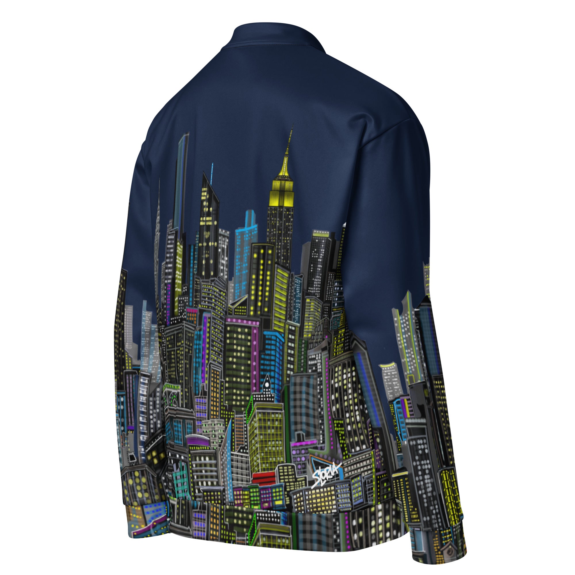 Navy blue jacket with a colorful cityscape design on the back designed by Loria  NYC Art against a white background