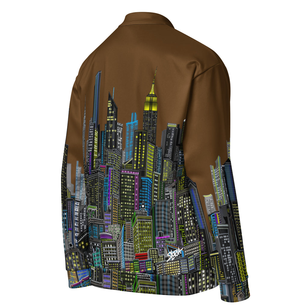 Side back view of Brown jacket with a colorful cityscape design  created by Loria NYC Art on the back against a white background