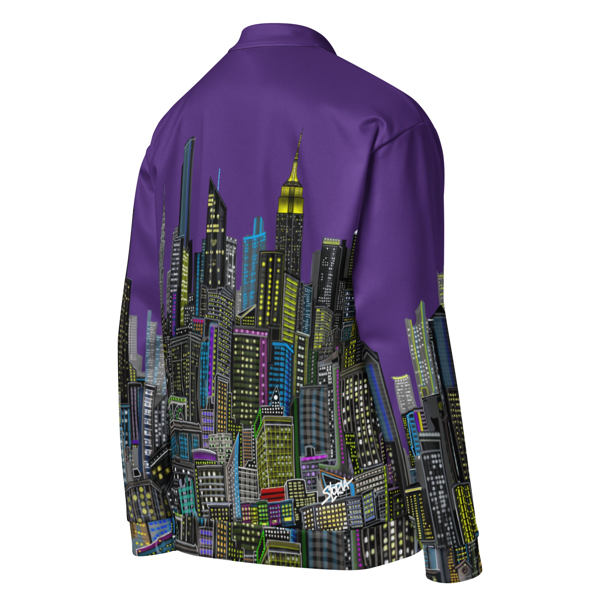 Back side of Purple jacket with a cityscape design by Loria NYC Art on a white background
