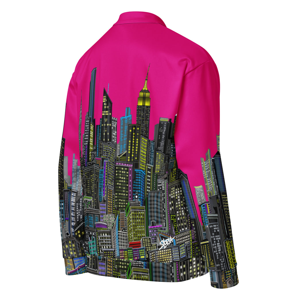 Side viewing of Hot Pink  jacket with a cityscape design by Loria NYC Art on a white background
