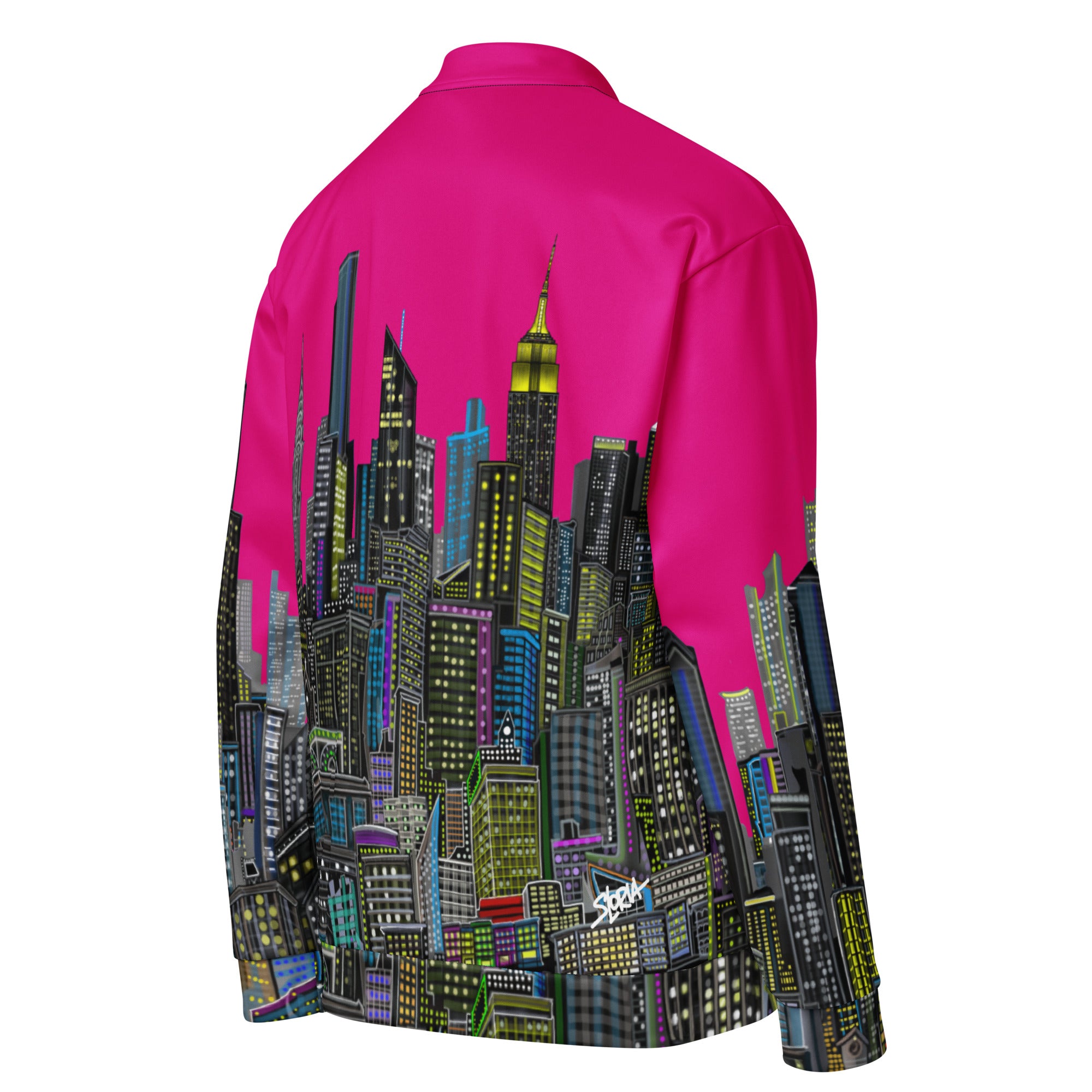 Side viewing of Hot Pink  jacket with a cityscape design by Loria NYC Art on a white background