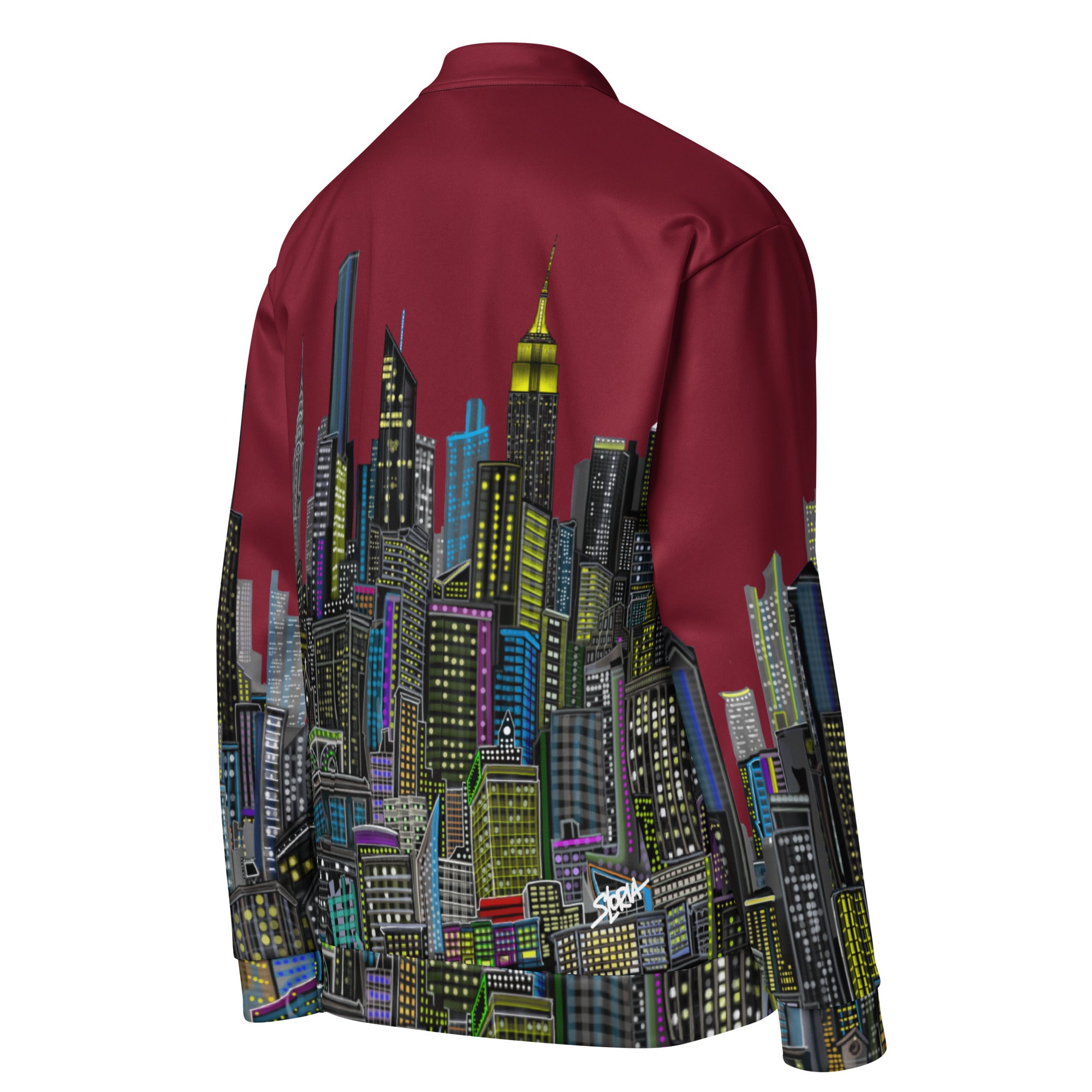 Rear angle view of Maroon jacket with a colorful cityscape design by Loria NYC Art on a white background
