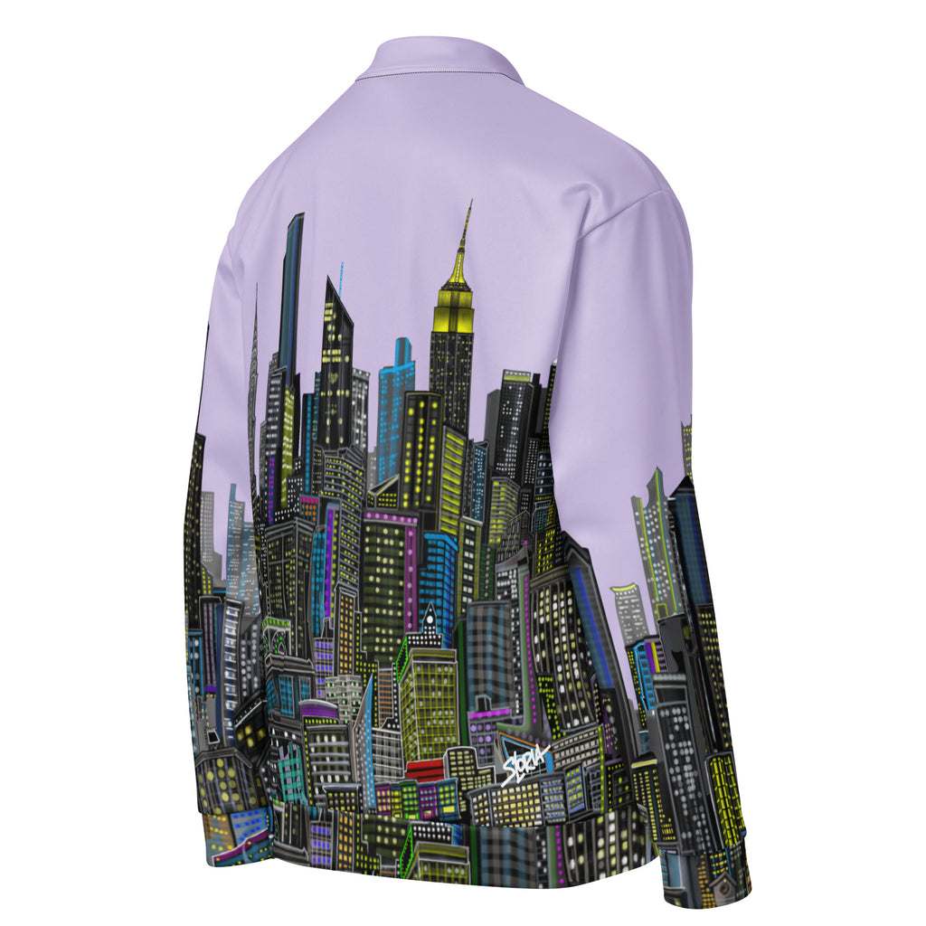Back angle view of Light purple bomber jacket designed by Loria NYC Art with cityscape design on a white background
