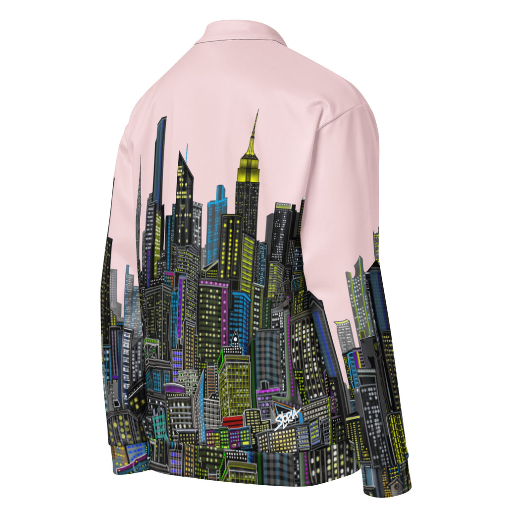 Side back view of pink cityscape jacket design by Loria NYC Art
