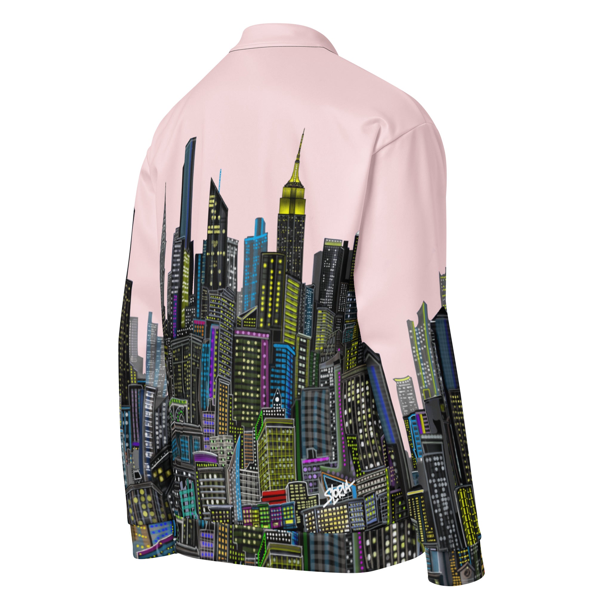 Side back view of pink cityscape jacket design by Loria NYC Art
