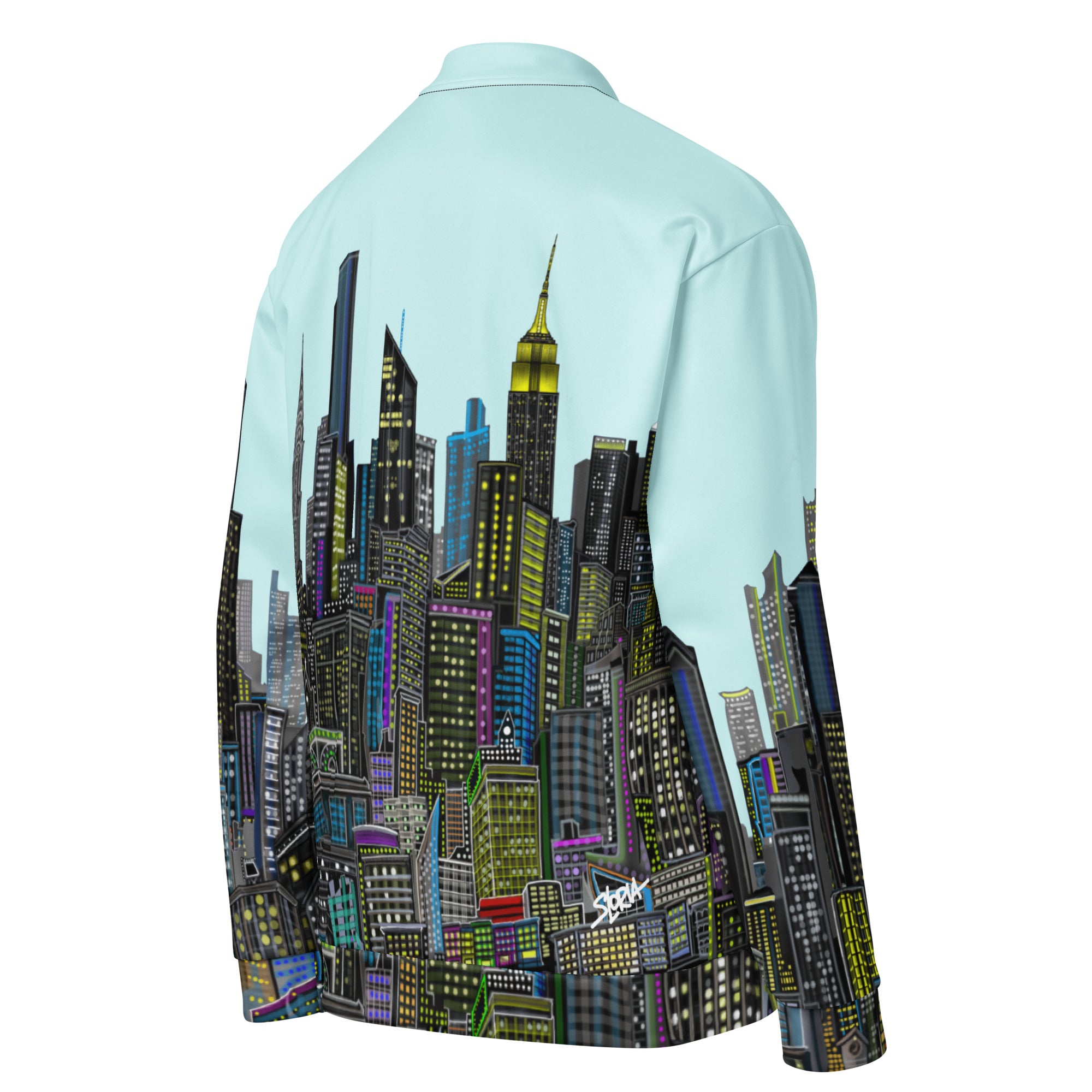 Back angle view of a blue cyan jacket with a colorful city skyline designed by Loria NYC Art