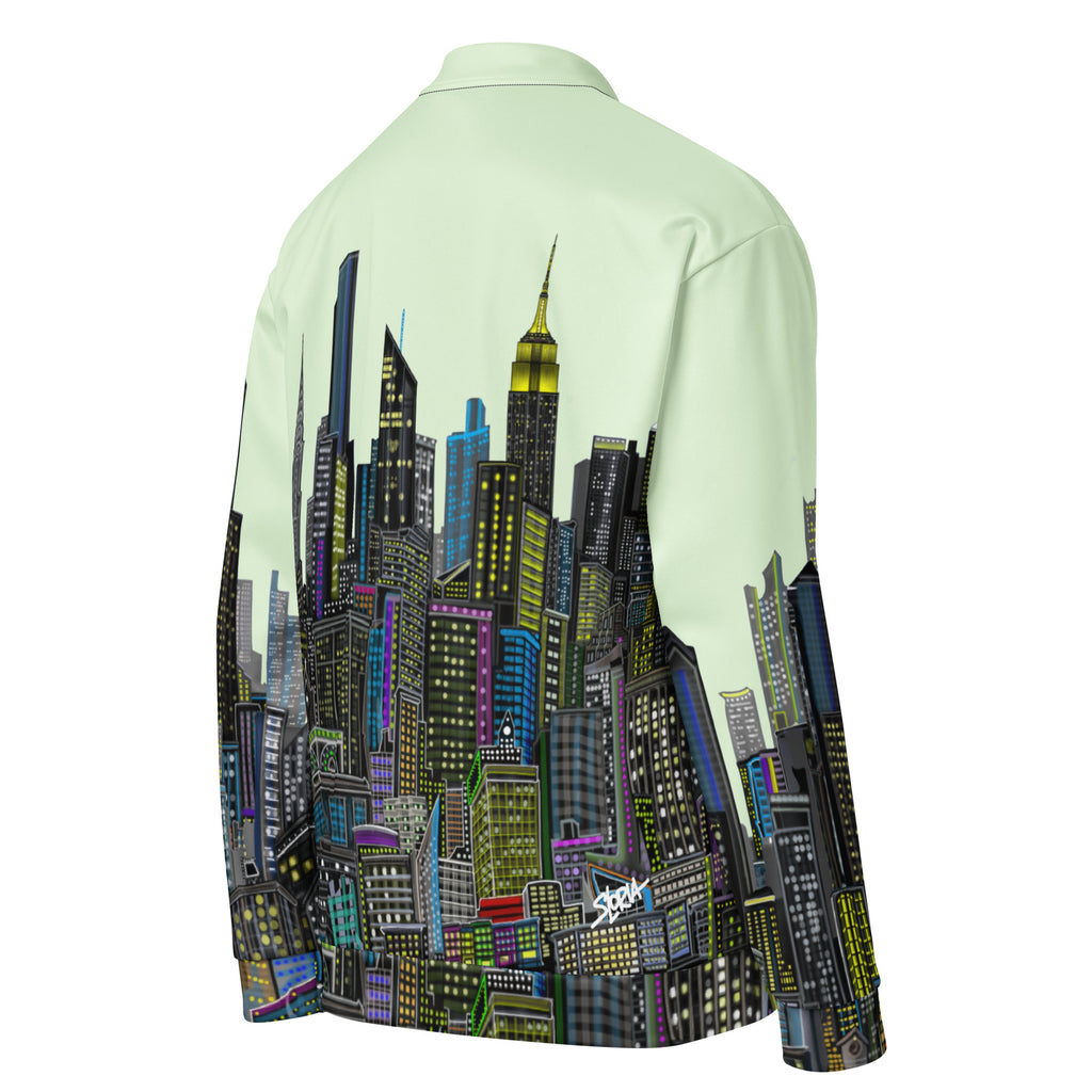Back side view of Light green shirt with colorful cityscape designed by Loria NYC Art on the back