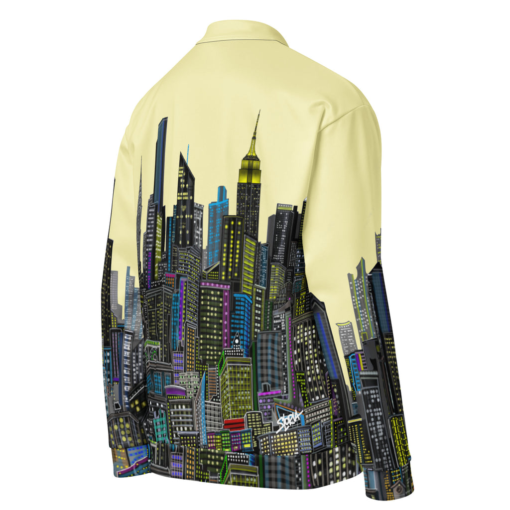 Back Side of bomber jacket with yellow colorful city skyline design by Loria NYC Art