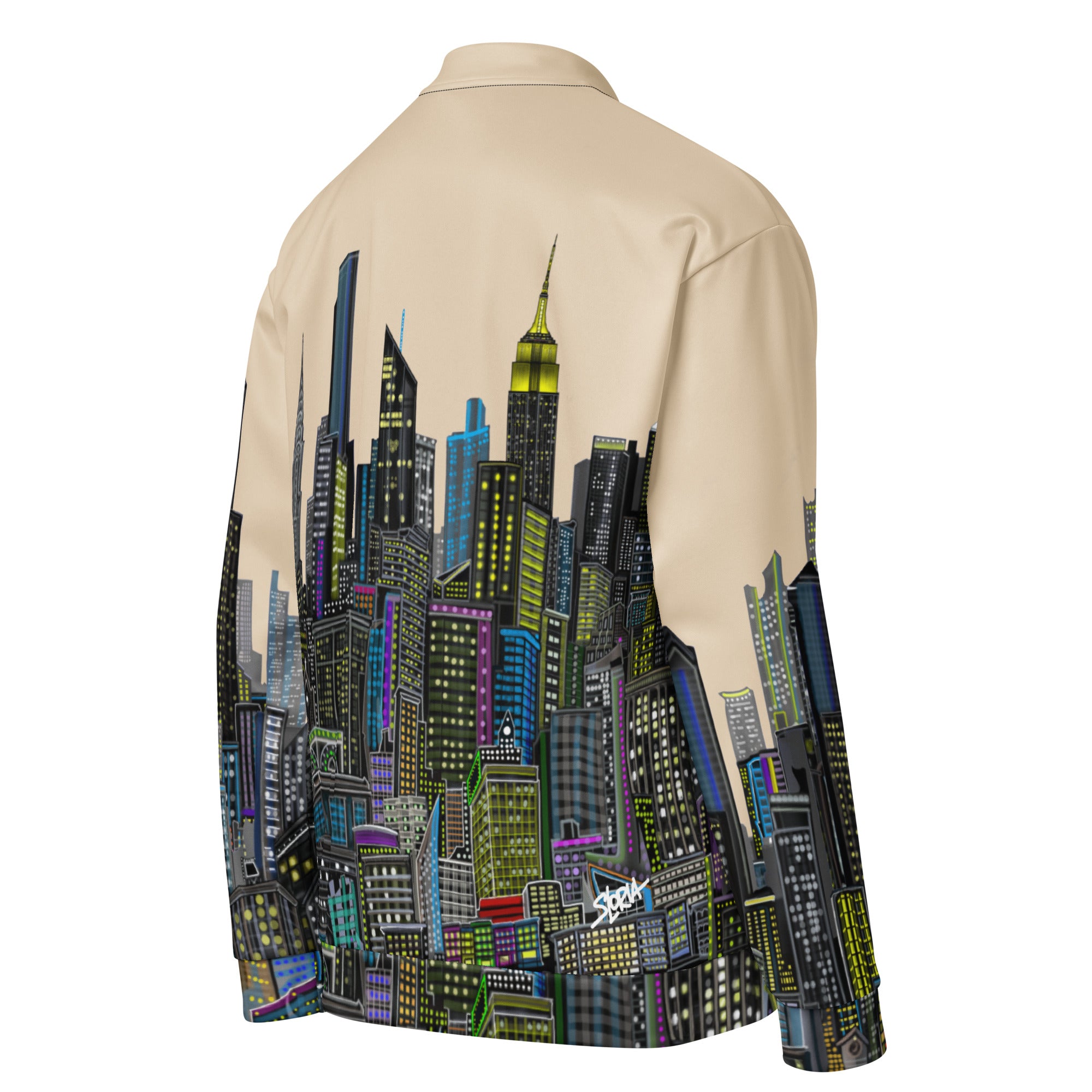 Back side of beige bomber jacket with colorful Loria NYC Art cityscape design on the back