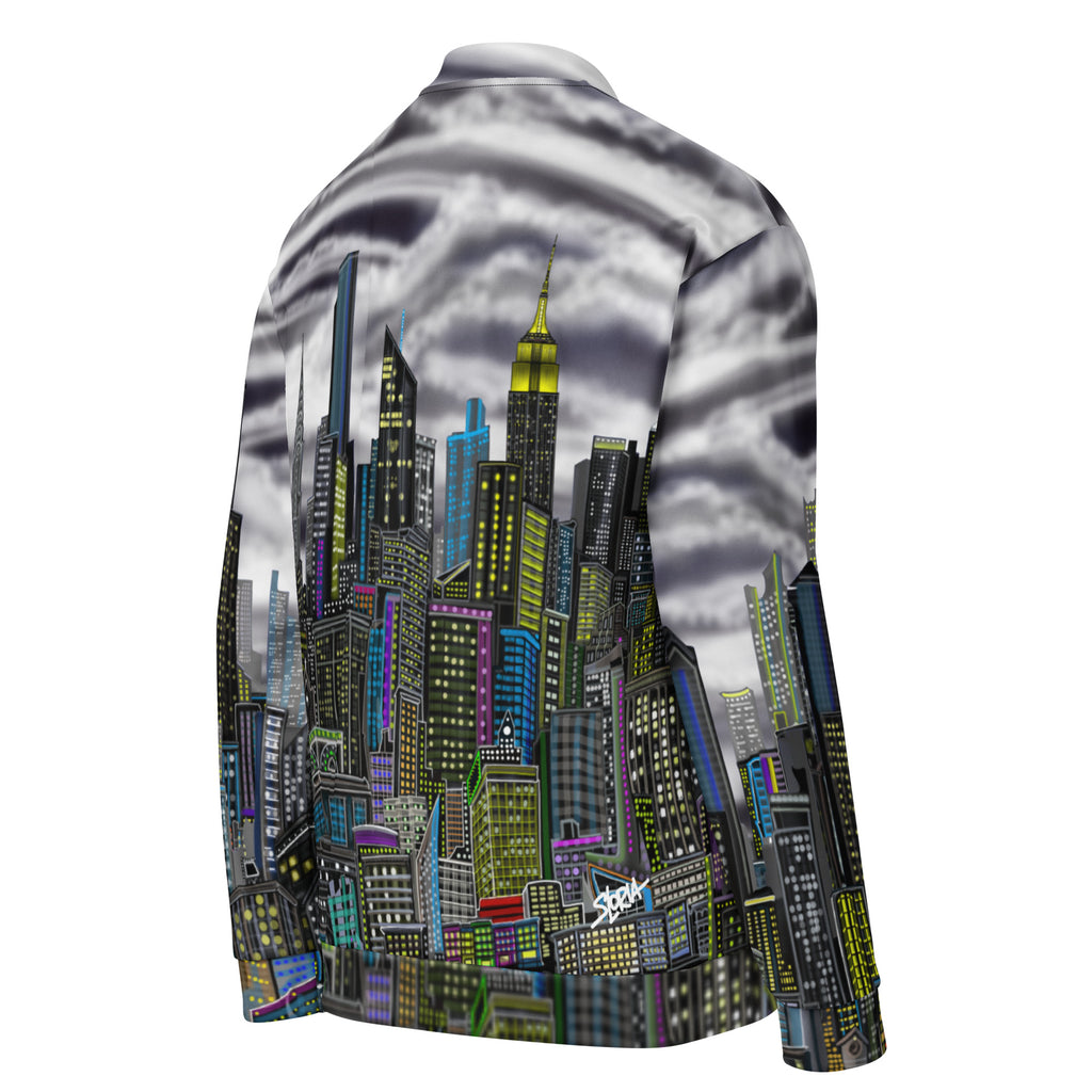 Bomber jacket with City skyline with stormy clouds designed by Loria NYC Art