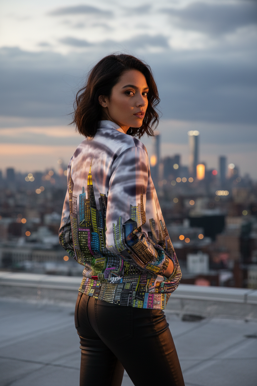 Woman wearing a colorful jacket with cityscape design by Loria NYC Art against a skyline backdrop