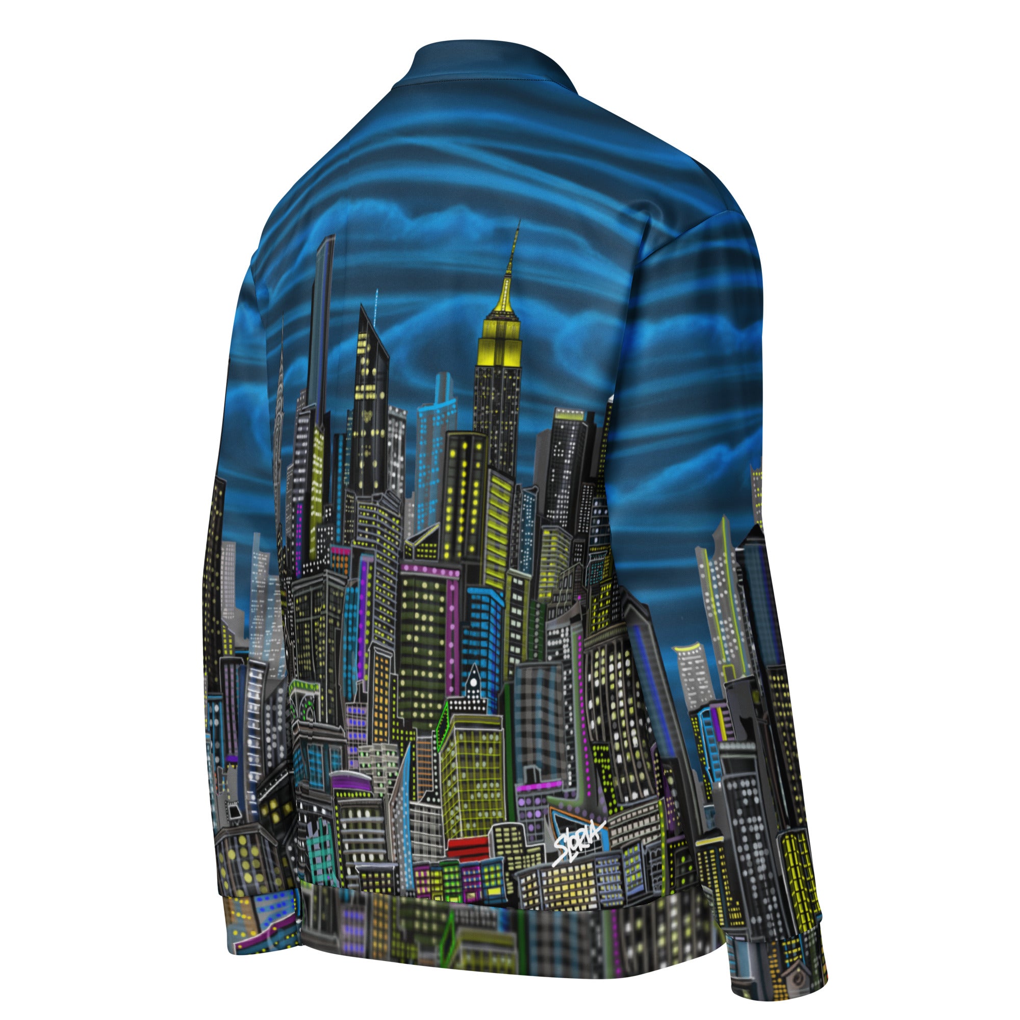 Bomber jacket with a cityscape design on the back against by Loria NYC Art on a white background