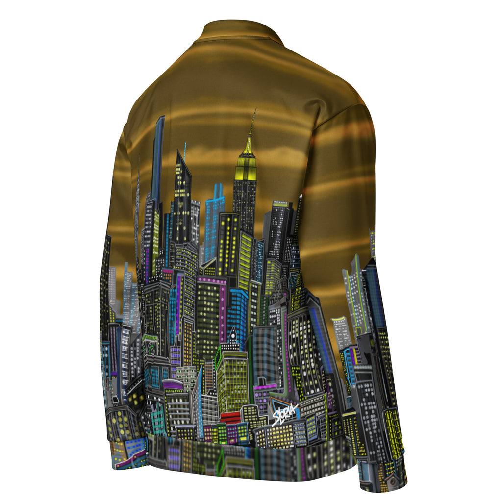 Back side of Jacket with a cityscape designed by Loria NYC Art on a white background