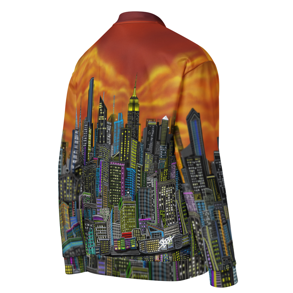 Jacket with a cityscape Loria NYC Art design on the back against an orange sky