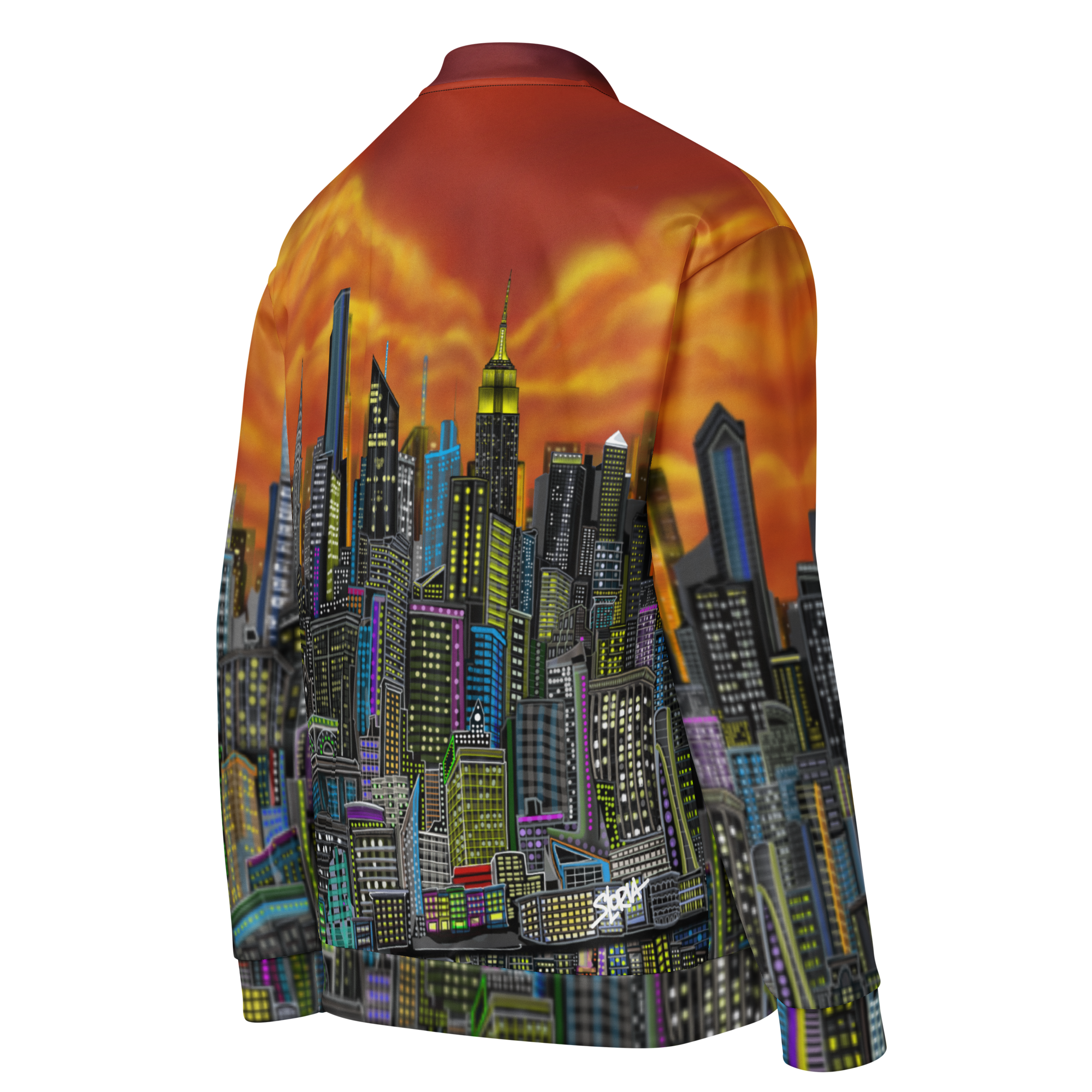 Jacket with a cityscape Loria NYC Art design on the back against an orange sky