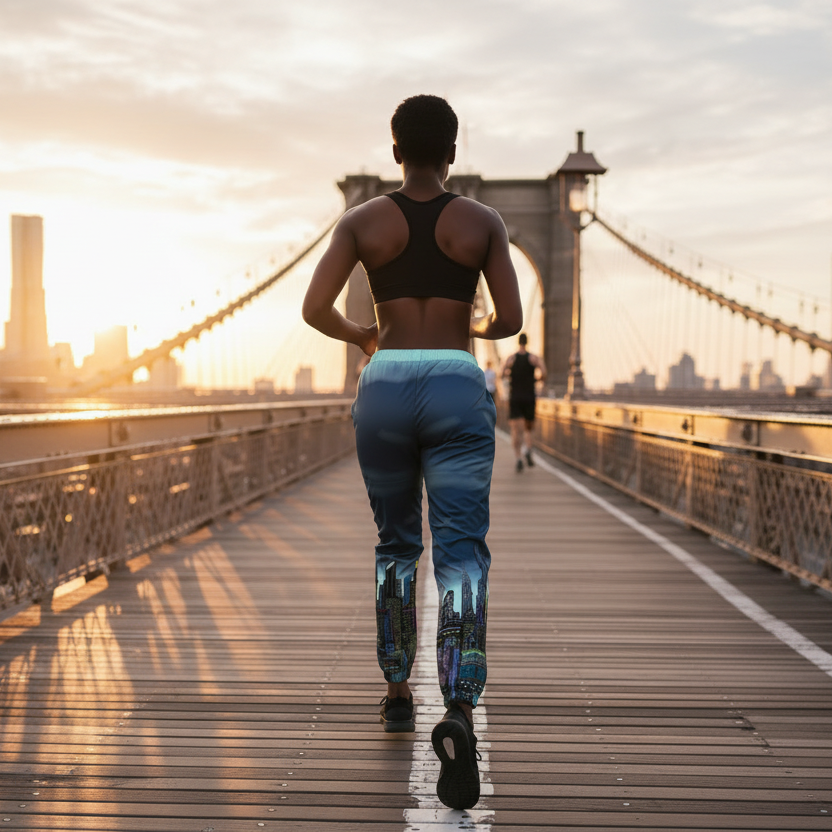 Person running on a bridge with city skyline blue Loria NYC Art track pants during a sunset.
