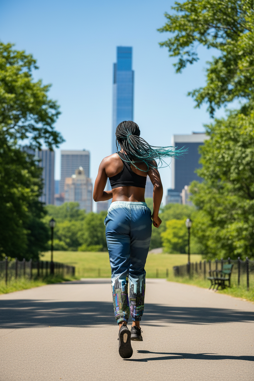 Person running on a path with trees and city skyline in the background wearing track pants designed by Loria NYC Art