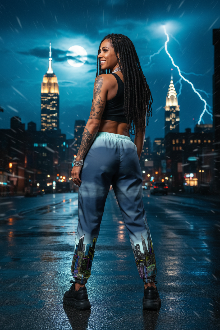 Woman wearing Loria NYC Art pants on a city street at night with lightning in the background