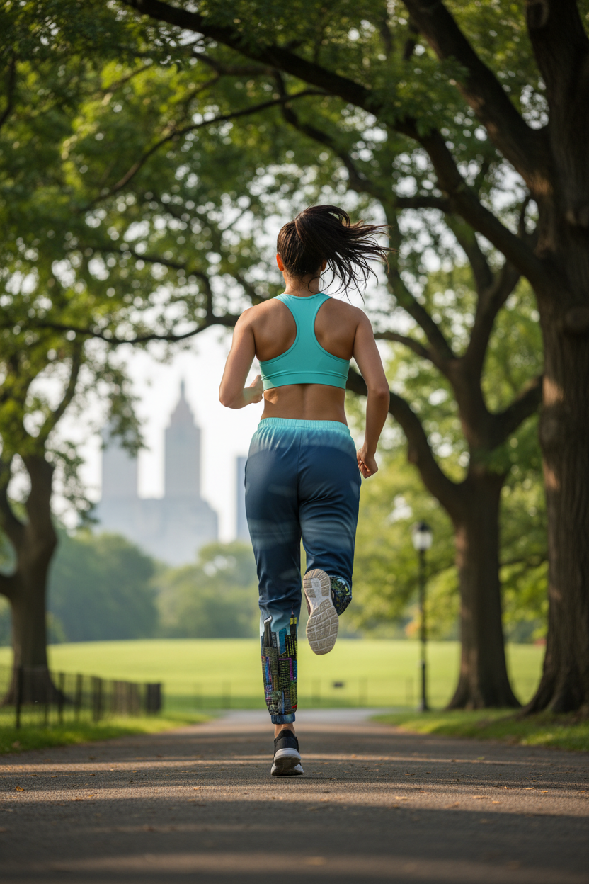 Person wearing Loria NYC Art track pants running on a path in a park with trees and a building in the background
