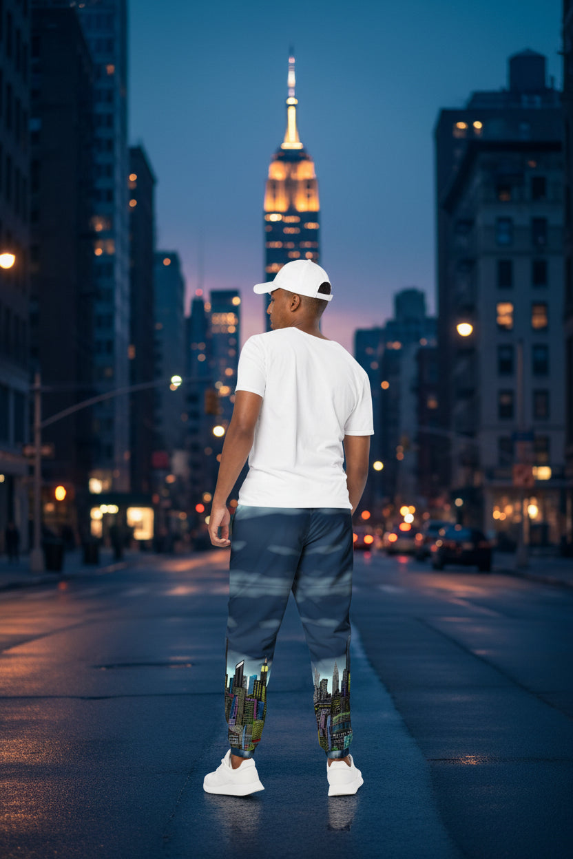  Rear view of Man wearing a white t-shirt and blue cityscape pants designed by Loria NYC Art on an urban background