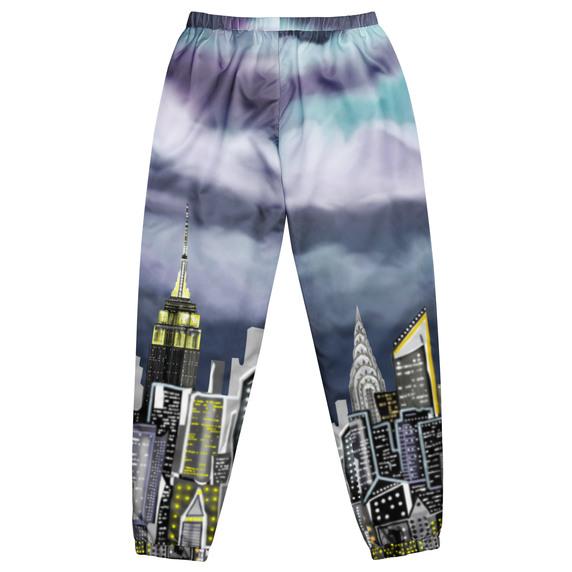 Track pants with cityscape Loria NYC Art design featuring iconic buildings on a white background