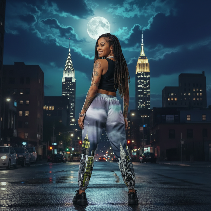 Person wearing Loria NYC Art track pants standing on a city street with a moonlit skyline featuring iconic buildings.