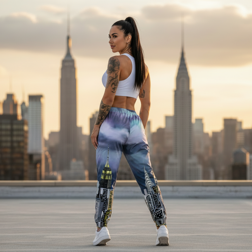 Woman in athletic Loria NYC Art track pants standing on a rooftop with a city skyline in the background