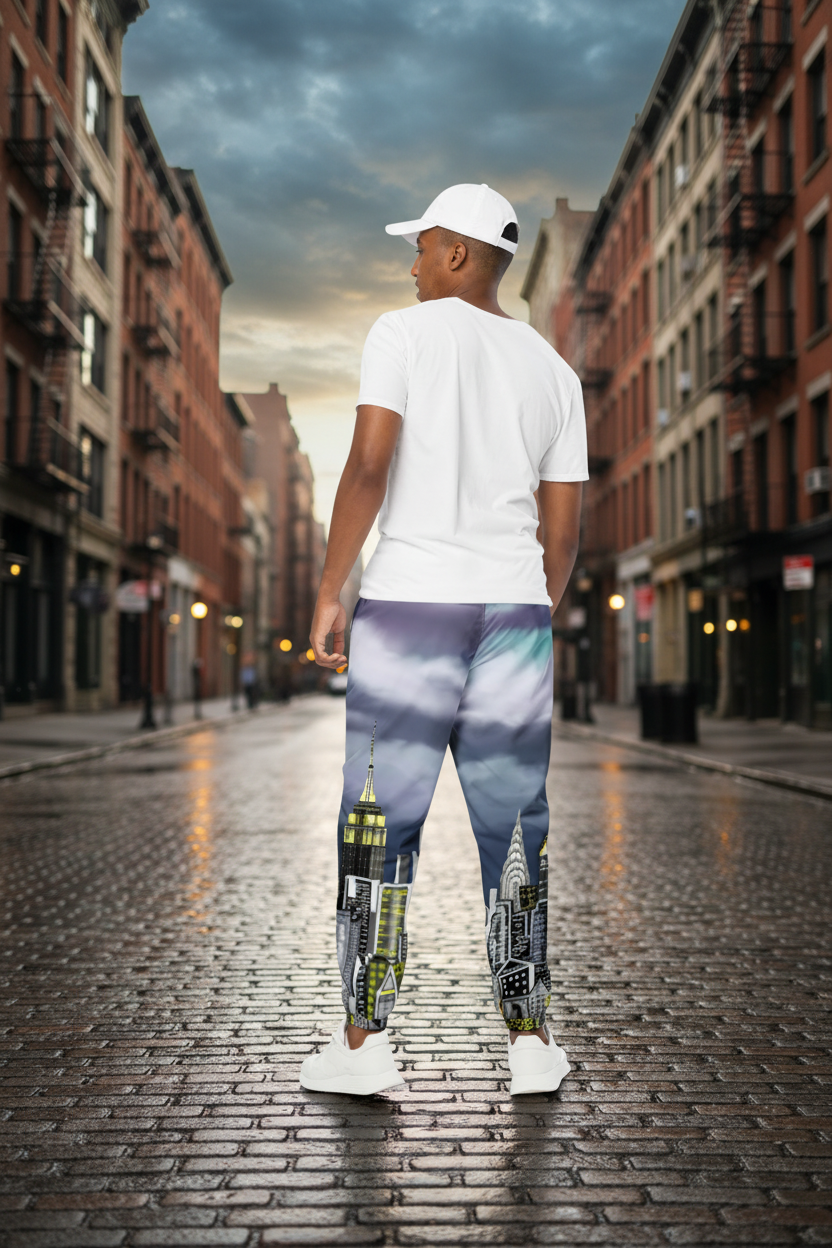 Person wearing a white t-shirt and colorful cityscape Loria NYC Art jogger pants on a urban  background