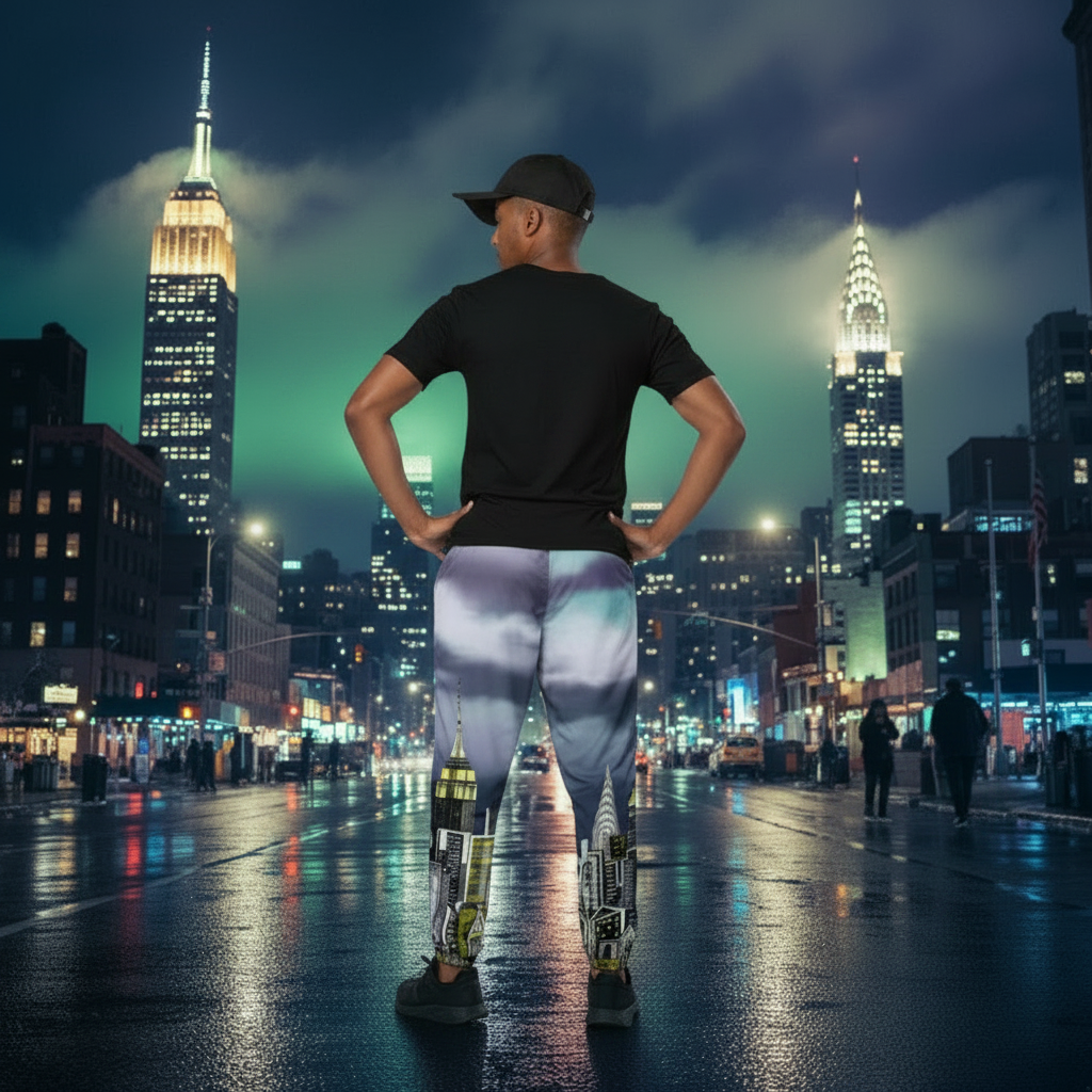 Person standing on a city street at night with illuminated skyscrapers wearing blue Loria NYC Art track pants